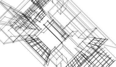 Modern geometrik mimari tasarım, 3D tasarım, gayrimenkul planı, mimari sanat, taslak çizimi.