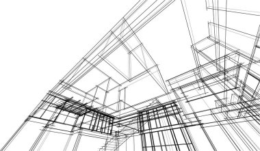Modern geometrik mimari tasarım, 3D tasarım, gayrimenkul planı, mimari sanat, taslak çizimi.