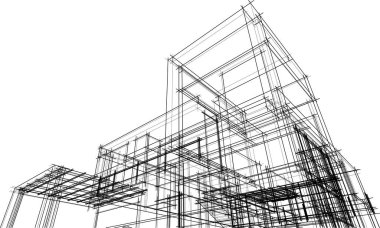 Modern geometrik mimari tasarım, 3D tasarım, gayrimenkul planı, mimari sanat, taslak çizimi.