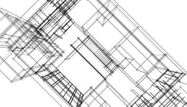 Modern geometrik mimari tasarım, 3D tasarım, gayrimenkul planı, mimari sanat, taslak çizimi.
