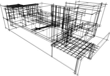 Modern geometrik mimari tasarım, 3D tasarım, gayrimenkul planı, mimari sanat, taslak çizimi.