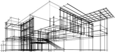 Modern geometrik mimari tasarım, 3D tasarım, gayrimenkul planı, mimari sanat, taslak çizimi.