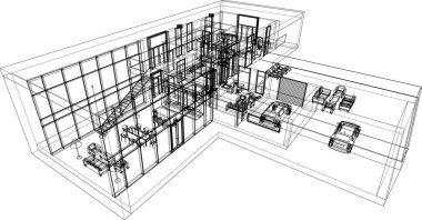 Modern geometrik mimari tasarım, 3D tasarım, gayrimenkul planı, mimari sanat, taslak çizimi.