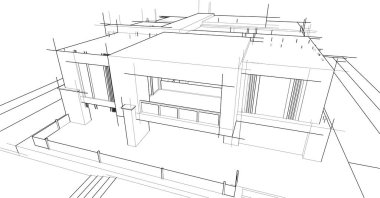 Modern geometrik mimari tasarım, 3D tasarım, gayrimenkul planı, mimari sanat, taslak çizimi.