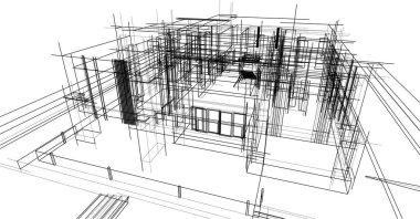 Modern geometrik mimari tasarım, 3D tasarım, gayrimenkul planı, mimari sanat, taslak çizimi.