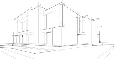 Modern geometrik mimari tasarım, 3D tasarım, gayrimenkul planı, mimari sanat, taslak çizimi.