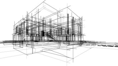 Modern geometrik mimari tasarım, 3D tasarım, gayrimenkul planı, mimari sanat, taslak çizimi.