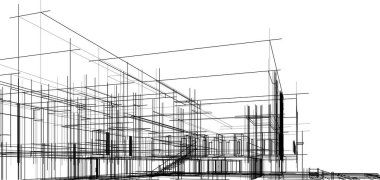 Modern geometrik mimari tasarım, 3D tasarım, gayrimenkul planı, mimari sanat, taslak çizimi.
