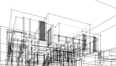 Modern geometrik mimari tasarım, 3D tasarım, gayrimenkul planı, mimari sanat, taslak çizimi.