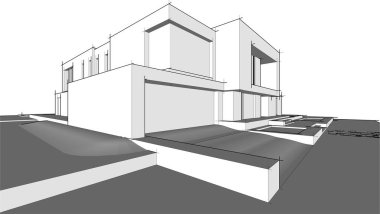 Modern geometrik mimari tasarım, 3D tasarım, gayrimenkul planı, mimari sanat, taslak çizimi.