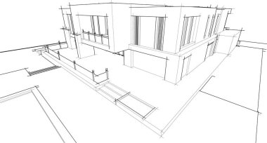 Modern geometrik mimari tasarım, 3D tasarım, gayrimenkul planı, mimari sanat, taslak çizimi.