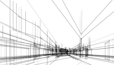 Modern geometrik mimari tasarım, 3D tasarım, gayrimenkul planı, mimari sanat, taslak çizimi.