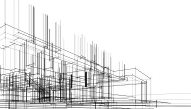 Modern geometrik mimari tasarım, 3D tasarım, gayrimenkul planı, mimari sanat, taslak çizimi.