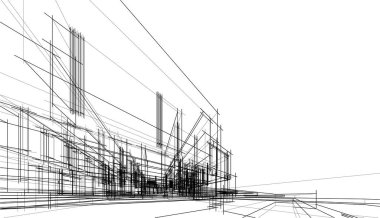 Modern geometrik mimari tasarım, 3D tasarım, gayrimenkul planı, mimari sanat, taslak çizimi.