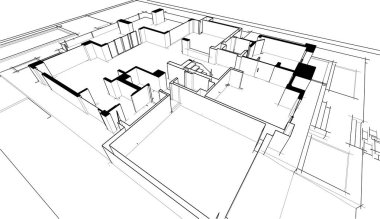 Modern geometrik mimari tasarım, 3D tasarım, gayrimenkul planı, mimari sanat, taslak çizimi.