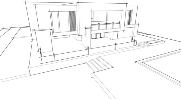 Modern Geometrisk Arkitektur Design Rendering Egendom Ritning Arkitektonisk Konst Kontur — Stock vektor