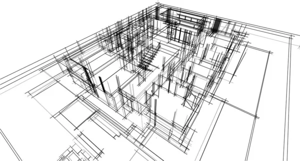 現代の幾何学建築デザイン 3Dレンダリング 不動産の青写真 建築芸術 アウトラインイラスト — ストックベクタ