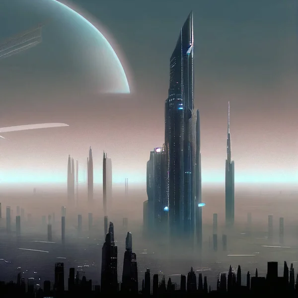 Futuristische Nacht Stadt Skyline Illustration — Stockfoto