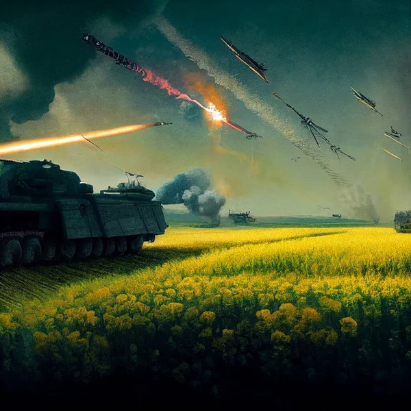 Creative Artwork Tank Battlefield Cloudy Sky Yellow Flower Field War — Stock Photo, Image