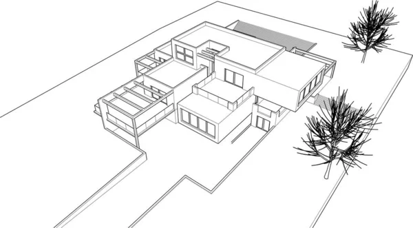 家の建物のスケッチ建築3Dイラスト — ストックベクタ