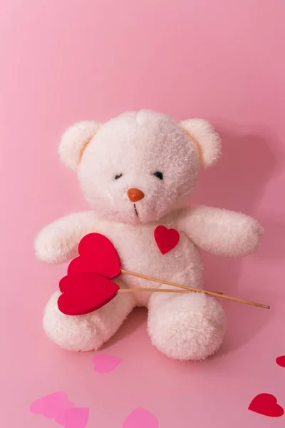 Cute White Bear Toy Red Hearts Light Pink Background Space — Stockfoto