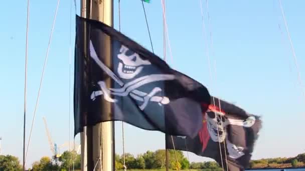 Dos banderas piratas negras ondean en el viento en un yate — Vídeo de stock