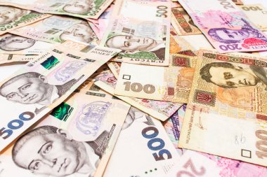 Hryvnia 'nın yüz değeri olan yeni banknotlar. Para geçmişi. Ukrayna parası. İş konsepti.