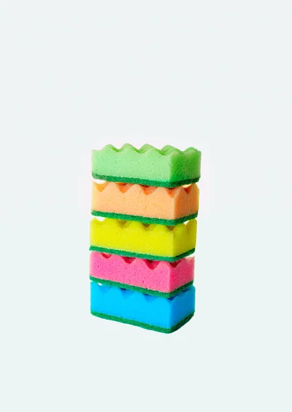 Stack Colorful Kitchen Cleaning Sponges Soap Bubbles White Background Front — Stock Fotó