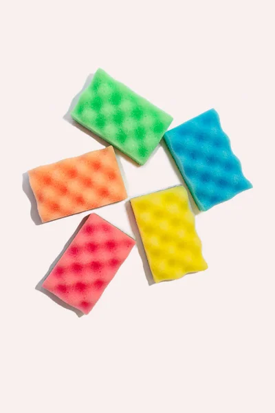 Different Colorful Kitchen Cleaning Sponges Soap Bubbles White Background Front — Stockfoto