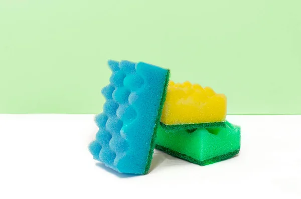 Stack Colorful Kitchen Cleaning Sponges Green Mint Background Front View — Stock Photo, Image