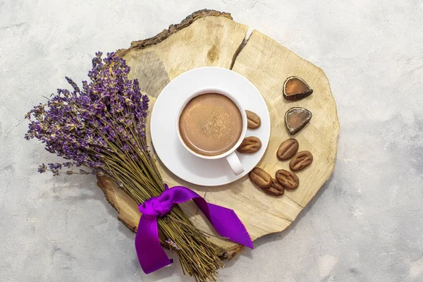 Dried Lavender Flowers Bunch Close Grey Background White Cup Coffee —  Fotos de Stock