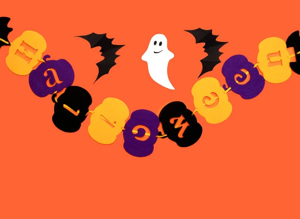 Halloween Photo Black Bats Ghost Blank Orange Background Halloween Decoration —  Fotos de Stock