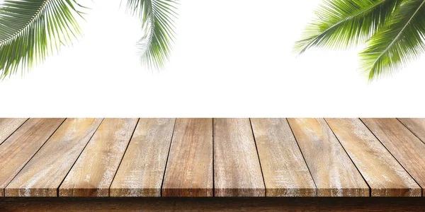 Prázdná Dřevěná Deska Stolu Kokosově Zeleným Listem Bílém Pozadí Pro Stock Fotografie
