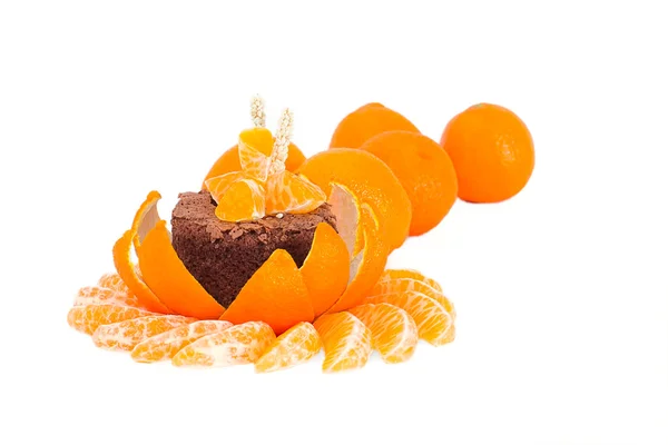 Dessert of mandarin and chocolate cake — Stock Photo, Image