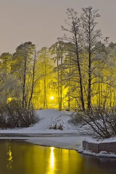 Zimní řeka na pozadí světla noční město — Stock fotografie