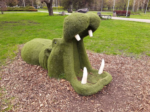 Şehir parkındaki bir su aygırının dekoratif heykeli..