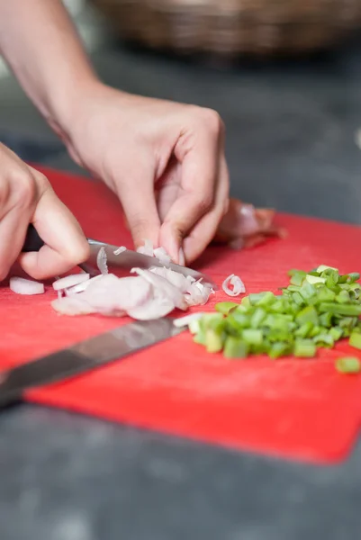 Woman cuts onion — Stock Photo, Image