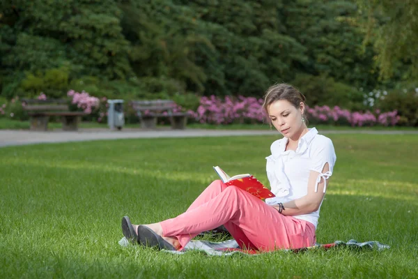 Pretty young woman reads a book — Stock Photo, Image