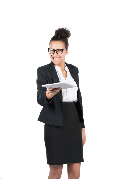 Joven mujer de negocios entrega una tableta —  Fotos de Stock