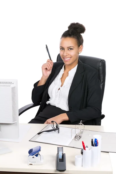 Young office worker holds a pen — Stock Photo, Image