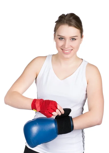 Woman is putting on boxing glove — Stock Photo, Image