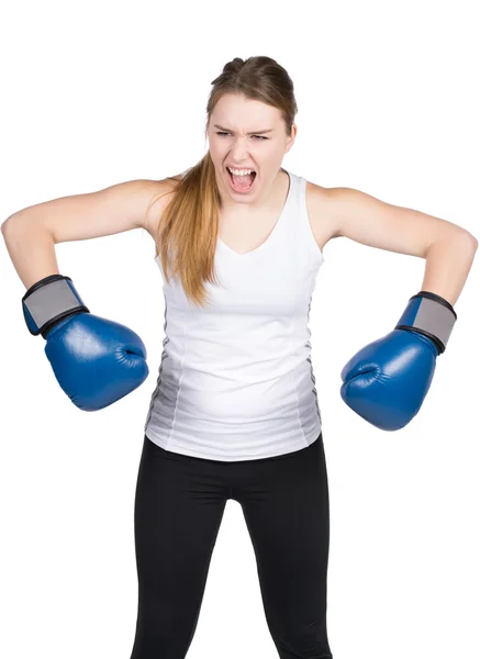 Mujer con guantes de boxeo está molesto Imágenes de stock libres de derechos