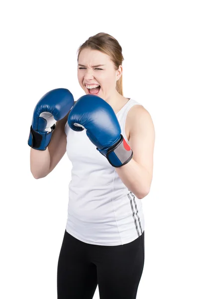 Mujer con guantes de boxeo está llorando Imagen de stock
