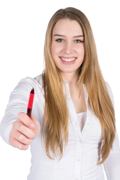 Mujer joven sostiene una pluma — Foto de Stock