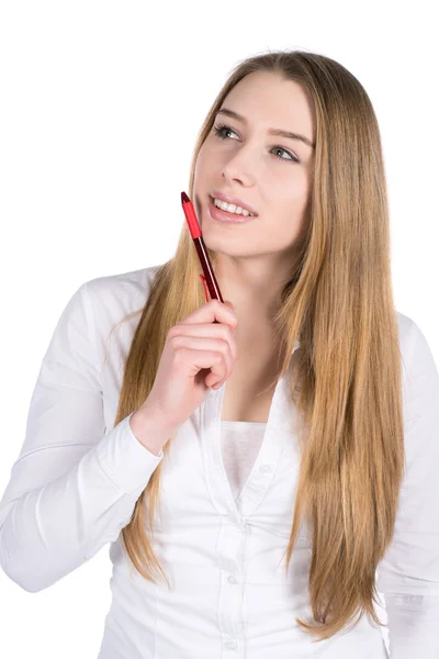 Mujer joven sostiene una pluma — Foto de Stock