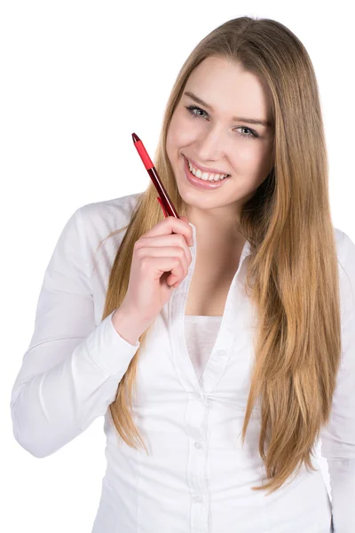 Young woman holds a pen — Stock Photo, Image