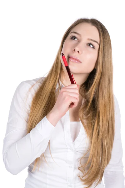 Jovem mulher segura uma caneta — Fotografia de Stock