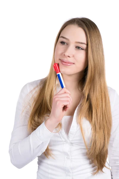 Jovem mulher segura uma caneta — Fotografia de Stock