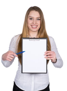 Young woman points to a clipboard with a pen clipart