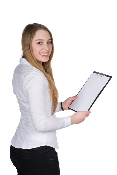 年轻女人抱着一个剪贴板 — 图库照片